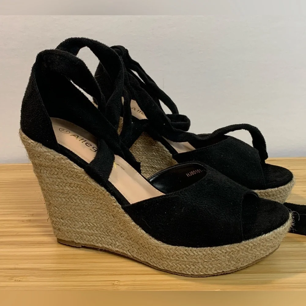 NIRB Allegra K‎ 8.5 Women's Black Espadrille Wedge Strappy Sandal